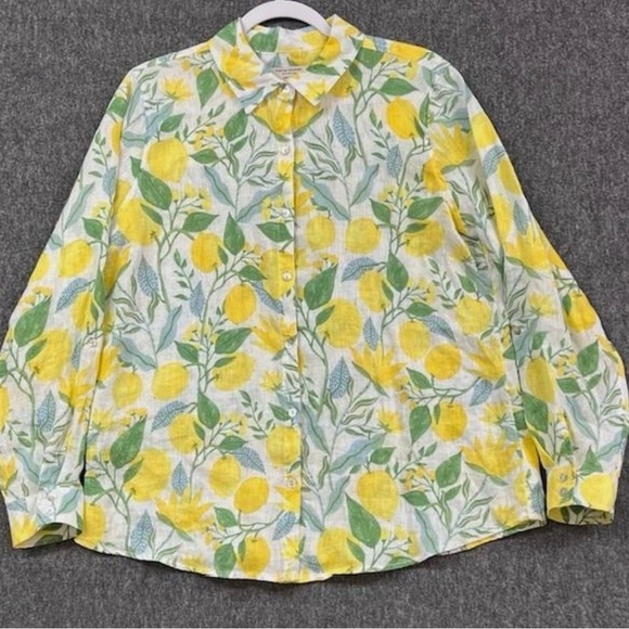 Martha Stewart Tops - Martha Stewart Linen Lemon & Leaf Button-Down Shirt in Yellow and Green